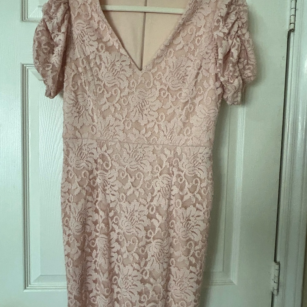 MARINA Pink V-Neck Puff Sleeve Sheath Dress